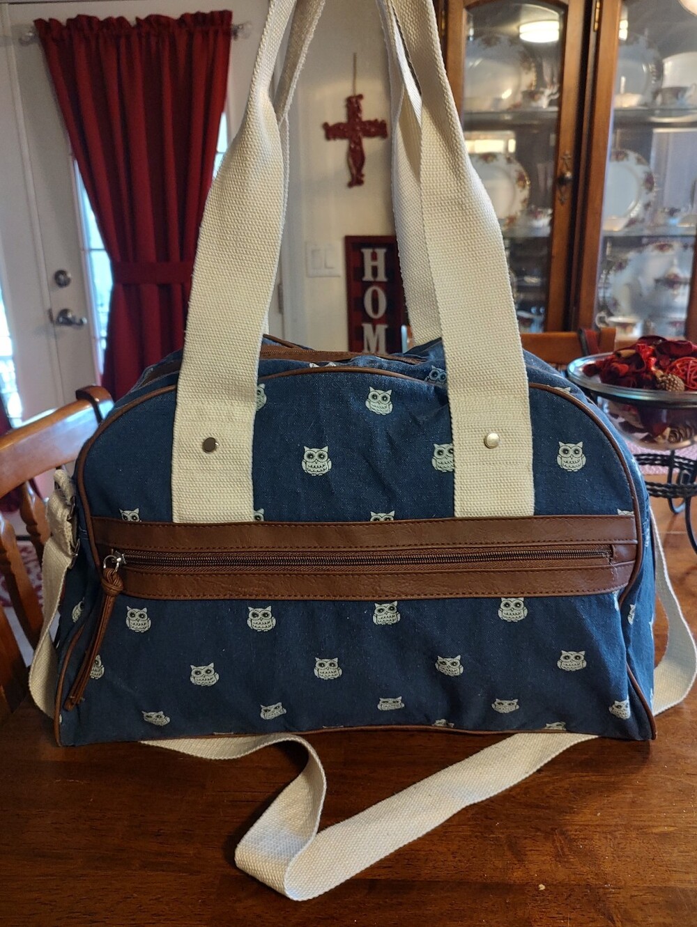 Navy Owl Print Canvas Duffel Bag with Cream Straps